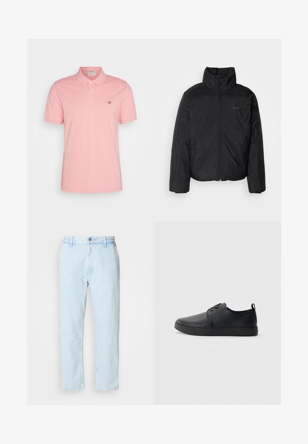 Svart pufferjakke med høy krage, glidelås foran og sidelommer. Glatt, blank tekstur med en minimal logo på brystet.; GANT REG SHIELD SS - Poloskjorter - bubbelgum pink; Lyseblå straight-leg jeans med beltehemper og knappeåpning, vist liggende flatt på en hvit bakgrunn.; Svart lær sneakers med glatt overflate, rund tå, tonede sømmer, snøring foran og flat gummisåle. Løkke på hælen.