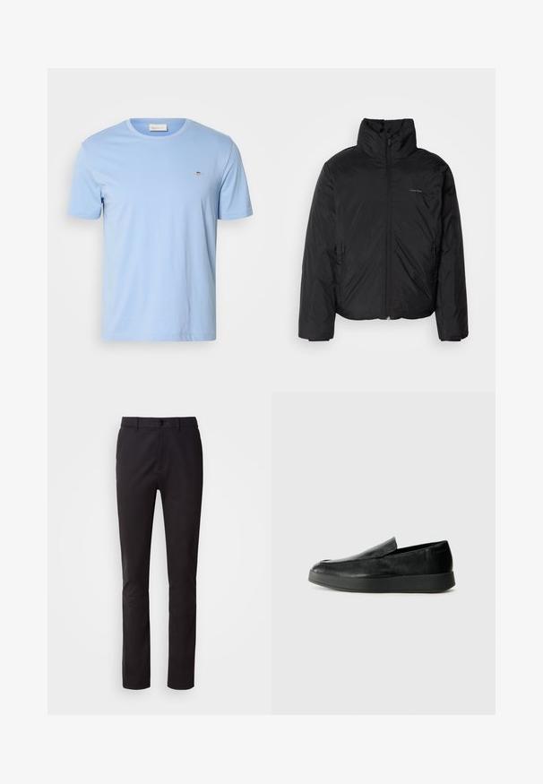 Chaqueta acolchada negra con cuello alto, cierre frontal y bolsillos laterales. Textura lisa y brillante con un logo minimalista en el pecho.; Camiseta de manga corta azul claro hecha de algodón. Presenta un cuello redondo y un pequeño logo bordado en el lado izquierdo del pecho. Textura suave.; Pantalones negros de tela suave, con cierre de botón, cintura estándar y piernas rectas. Sin patrones ni adornos visibles.; Calvin Klein HYBRID CUP - Zapatos sin cordones - triple black