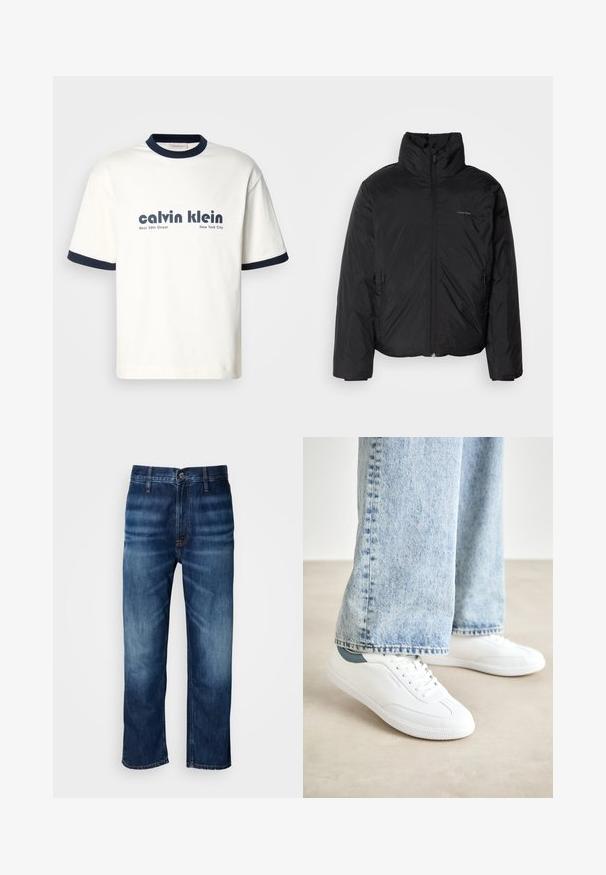 Casaco puffer preto com colarinho alto, fecho de correr na frente e bolsos laterais. Textura suave e brilhante com um logótipo minimalista no peito.; Camiseta branca de algodão com gola e mangas em malha azul-marinho. Apresenta texto em negrito preto: "calvin klein West 39th Street New York City."; Calças de ganga de perna reta em azul escuro, com desbotamento sutil nas coxas e fecho de botão na cintura, exibidas sobre um fundo branco.; Ténis brancos com material suave, design de atacadores, sola de borracha texturizada e um detalhe em teal no calcanhar, combinados com jeans azul claro.