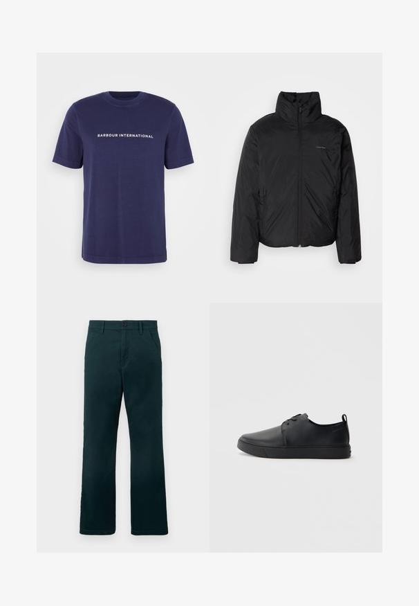 Casaco puffer preto com colarinho alto, fecho de correr na frente e bolsos laterais. Textura suave e brilhante com um logótipo minimalista no peito.; T-shirt de algodão azul marinho com mangas curtas, decote redondo e texto branco "BARBOUR INTERNATIONAL" impresso no peito.; Calças retas de cor verde-escuro com passantes para cinto, bolsos laterais e fecho de botão sobre um fundo branco liso.; Sapatilha de couro preta com um acabamento liso, bico arredondado, costura ton sur ton, frente com atacadores e sola plana de borracha. Alça no calcanhar.