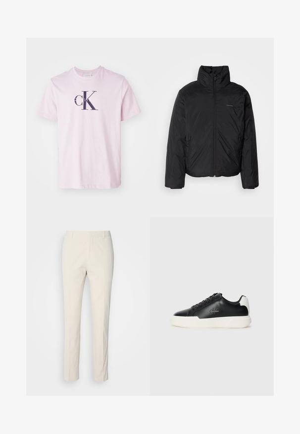 Črna puffer jakna z visokim ovratnikom, zadrgo spredaj in stranskimi žepi. Gladka, sijoča tekstura z minimalnim logotipom na prsih.; Svetlo roza bombažna majica s kratkimi rokavi in okroglim izrezom, na sprednji strani z morskosrčnim logotipom 'cK' in napisom 'Calvin Klein'.; Hlače kremaste barve, prirejene po meri, z teksturirano tkanino. Imajo ravno obliko, zanke za pas in dva sprednja žepa. Brez vzorcev.; Črne usnjene športne copate z belim gumijastim podplatom. Imajo okroglo konico, vezalko ter logotip na strani. Zadnji del je poudarjen v beli barvi.