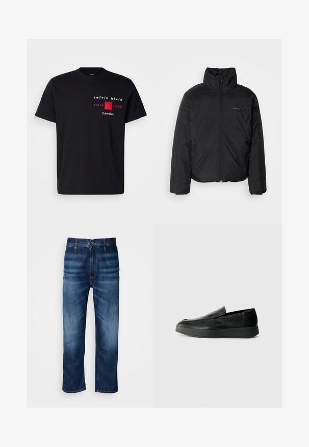 Jachetă pufă neagră cu guler înalt, fermoar frontale și buzunare laterale. Textură netedă și strălucitoare, cu un logo minim pe piept.; Tricou negru din bumbac cu un design grafic imprimat în alb și roșu, cu text care include "Calvin Klein" și "din 1968" deasupra unui pătrat roșu.; Jeans din denim drept de culoare albastru închis, cu o ușoară decolorare pe coapse și un sistem de închidere cu nasture la talie, expuși pe un fundal alb.; Calvin Klein HYBRID CUP - Pantofi slip-on - triple black