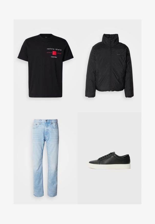 Black puffer jacket with a high collar, zipper front, and side pockets. Smooth, shiny texture with a minimal logo on the chest.; Black cotton t-shirt featuring a printed graphic design in white and red, with text that includes "Calvin Klein" and "since 1968" above a red square.; Light blue denim jeans with a straight leg cut, featuring faded sections, five-pocket design, and a classic button fly.; Black leather sneakers with perforated texture, round toe, and flat white rubber sole. Features black laces and a subtle logo on the side.