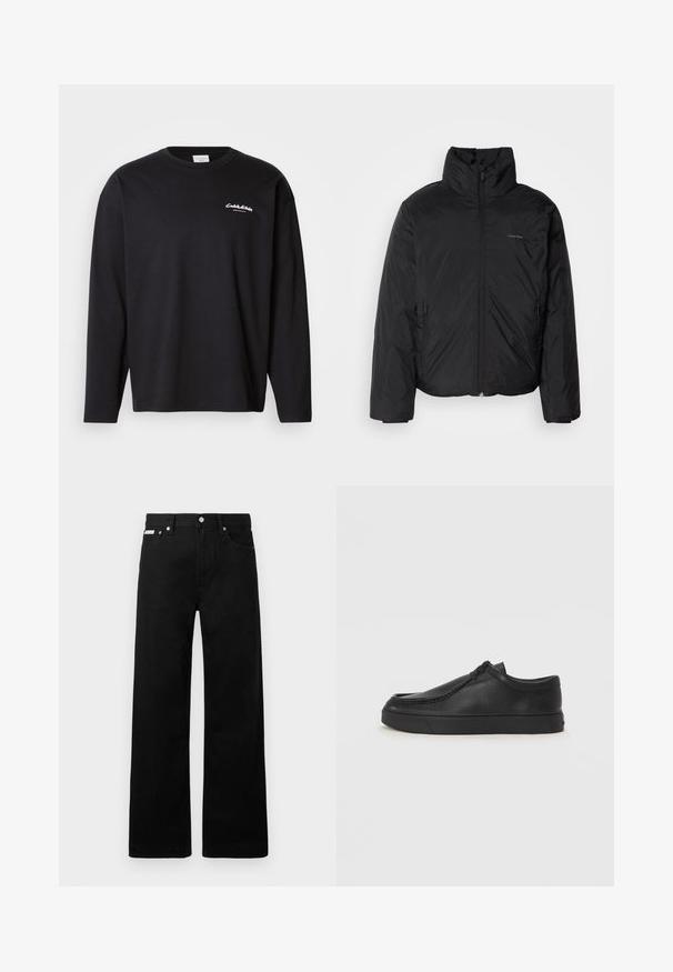 Juoda pūkinė striukė su aukštu apykakle, užtrauktuku priekyje ir šoninėmis kišenėmis. Lygus, blizgus paviršius su minimaliu logotipu ant krūtinės.; Juodas ilgomis rankovėmis marškinėliai iš medvilnės su apvalia iškirpte. Kairėje krūtinės pusėje yra baltas logotipas, o siluetas yra laisvas. Paviršius lygus.; Juodos džinsinės kelnės su plačiu kojų dizainu, turinčios penkias kišenes ir metalinius sagčių akcentus. Lygus paviršius, be matomų raštų.; Juodos odinės supjamintus batelius su apvaliu pirštu, siuvinėtu akcentu ir juodu guminiu padu. Lygus tekstūra su minimalistišku dizainu.