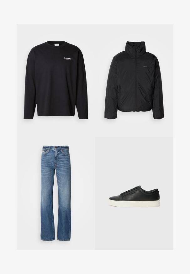 Černá péřová bunda s vysokým límcem, zipovým uzávěrem vpředu a bočními kapsami. Hladká, lesklá textura s minimálním logem na hrudi.; Černé tričko s dlouhými rukávy vyrobené z bavlny s kulatým výstřihem. Na levé hrudi se nachází bílé logo a je navrženo pro volný střih. Hladká textura.; Modré džíny z denimu s rovnou nohavicí, vysokým pasem a jemným vyblednutím. Obsahují zapínání na knoflík a zip, a klasický pětikapsový design.; Černé kožené tenisky s perforovanou texturou, kulatou špičkou a plochou bílou gumovou podrážkou. Mají černé tkaničky a jemné logo na boční straně.