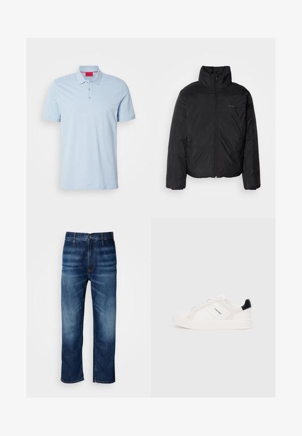 Must musträkk, millel on kõrge krae, lukuga ees ja küljetaskud. Sile, läikiv tekstuur ja minimaalne logo rinnal.; Hele sinine puuvillane polo-särk, millel on krae, kolm nööpi ja tikandiga logo rinnal. Lühikesed varrukad.; Tumedat sinised sirged jalad denim teksad, millel on reitel kerge pleekimine ja nööp kinnitusega taljes, esitatud valgel taustal.; Valge tossud heleda roosa ja musta aktsendiga, mis sisaldavad sileda naha ja nubukpaneele, ümarat varvust ja lamedat kummitalda.