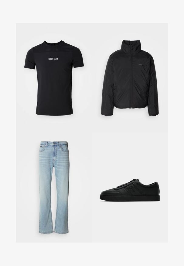 Svart puffjacka med hög krage, dragkedja framtill och sidofickor. Slät, glänsande textur med en minimal logotyp på bröstet.; Svart kortärmad tränings t-shirt med meshinlägg på övre bröstpanel och "Calvin Klein" logotyp tryckt i vitt på bröstet.; Ljusblå denimjeans med rak ben, som har fem fickor, knäppning och subtil blekning på tyget.; Svarta lädersneakers med låg profil, rund tå, platt svart sula och ton-i-ton sömmar. Har en mjuk textur och minimala logotyper.