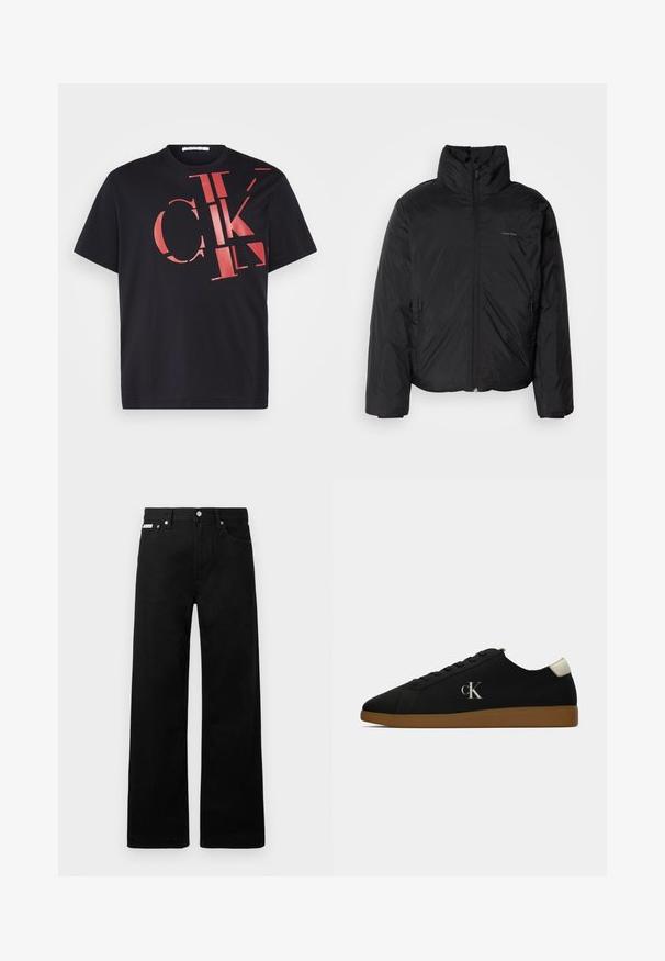Sort dunjakke med høj krave, lynlåse foran og sidelommer. Glat, blank tekstur med et minimalistisk logo på brystet.; Calvin Klein Jeans SCATTERED LOGO TEE - T-shirts print - black/red; Sorte denimbukser med bred ben-design, der har fem lommer og metallisk knapdetalje. Glat tekstur, uden synlige mønstre.; Sorte kanvas sneakers med en gummisål, der har et sølvfarvet "cK" logo på siden og en hvid detalje ved hælen. Low-top design.
