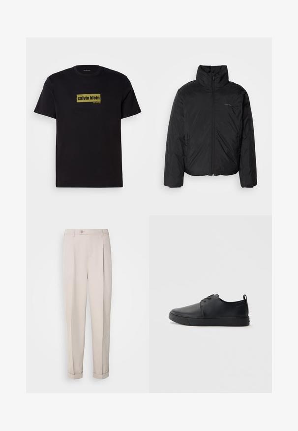 Casaco puffer preto com colarinho alto, fecho de correr na frente e bolsos laterais. Textura suave e brilhante com um logótipo minimalista no peito.; T-shirt preta de algodão com mangas curtas, apresentando um logotipo retangular verde com o texto "calvin klein" e "new york city" em letras em negrito.; Calças bege feitas de tecido suave, com um corte reto, pregas simples e bainhas dobradas. Inclui um fecho de botão na frente.; Sapatilha de couro preta com um acabamento liso, bico arredondado, costura ton sur ton, frente com atacadores e sola plana de borracha. Alça no calcanhar.