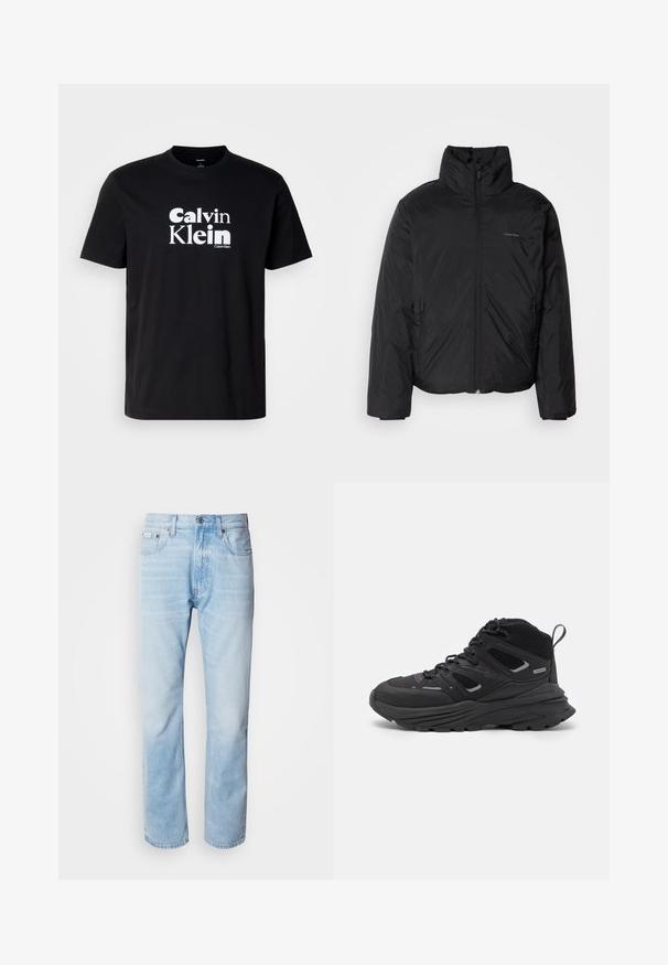Črna puffer jakna z visokim ovratnikom, zadrgo spredaj in stranskimi žepi. Gladka, sijoča tekstura z minimalnim logotipom na prsih.; Črna bombažna majica s prominentnim belim logotipom "Calvin Klein", okroglo izrezana, kratke rokave in standardno prileganje.; Svijetloplave traperice s ravnim nogavicama, s izblijedjelim dijelovima, pet džepova i klasičnim dugmadi za kopčanje.; Črne pohodne čevlje z večplastno zasnovo, teksturirano tkanino in gumijastim podplatom, z ojačanimi deli in vezalkami spredaj.