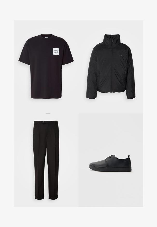 Jachetă pufă neagră cu guler înalt, fermoar frontale și buzunare laterale. Textură netedă și strălucitoare, cu un logo minim pe piept.; Tricou din bumbac negru cu decolteu rotund. Are un patch pătrat alb cu textul "Barbour England". Croi lejer și mâneci scurte.; Pantaloni negri cu o textură netedă, având un croi drept, două buzunare frontale și un singur sistem de închidere cu un nasture la talie.; Sneakers din piele neagră cu un finisaj neted, vârf rotund, cusături tonale, șireturi în față și o talpă plată din cauciuc. Buclă la călcâi.