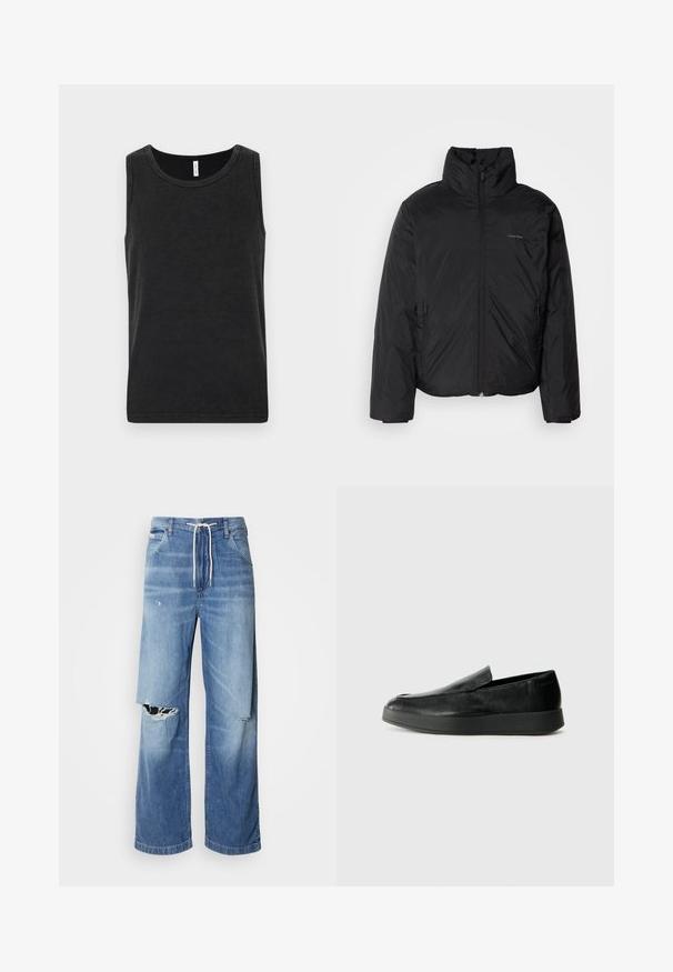 Musta puhvitakki korkealla kauluksella, vetoketjulla edessä ja sivutaskuilla. Sileä, kiiltävä pinta, jossa on minimaalinen logo rinnassa.; Musta puuvillapaita pyöreällä kaula-aukolla, ilman hihoja ja sileällä pinnalla. Ominaisuuksiinsa kuuluu yksinkertainen ja klassinen leikkaus.; Vaalean siniset farkut, joissa on avara leikkaus, valkoisella kiristysnauhalla vyötäröllä ja selkeät repeämät etuosassa, jotka paljastavat rispaantuneita reunoja.; Calvin Klein HYBRID CUP - Loaferit/pistokkaat - triple black