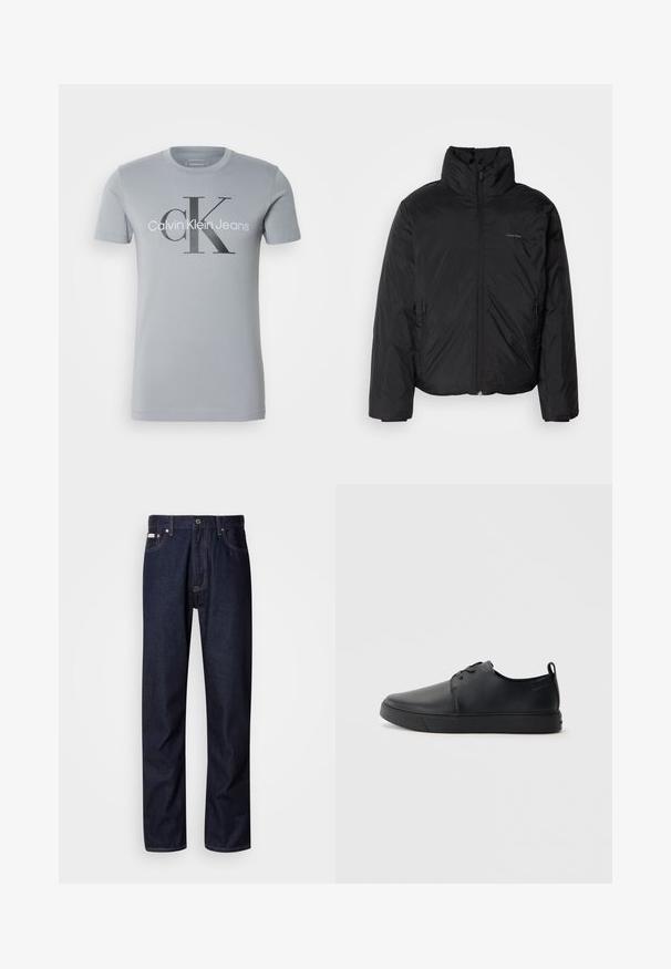 Juoda pūkinė striukė su aukštu apykakle, užtrauktuku priekyje ir šoninėmis kišenėmis. Lygus, blizgus paviršius su minimaliu logotipu ant krūtinės.; Šviesiai pilka medvilninė marškinėliai trumpomis rankovėmis, su juodu grafiniu spaudiniu „Calvin Klein Jeans“ ir dideliu „CK“ logotipu.; Tamsiai mėlynos džinsinės kelnės su tiesiomis kojomis, turinčios mygtukų užtraukimą, penkias kišenes ir kontrastingas siuvimo detales.; Juodos odinės sportinės bateliai su lygiu paviršium, suapvalinta nosimi, toniniais siūlais, raištelių užsegimu priekyje ir plokščiu guminiu padu. Kilpelė ant kulno.