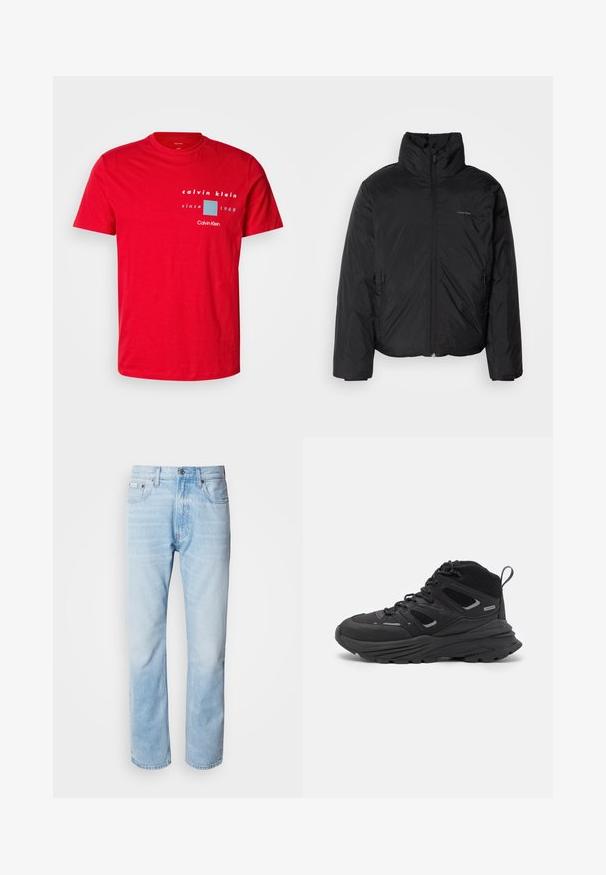 Sort dunjakke med høj krave, lynlåse foran og sidelommer. Glat, blank tekstur med et minimalistisk logo på brystet.; Rød bomulds t-shirt med rund hals, korte ærmer og et trykt logo design i hvid og blå, med teksten "siden 1968".; Lyseblå denimjeans med lige ben, har slidte sektioner, fem lomme-design og en klassisk knapåbning.; Sorte vandresko med et lagdelt design, tekstureret stof og gummisål, med forstærkede områder og snørebånd foran.