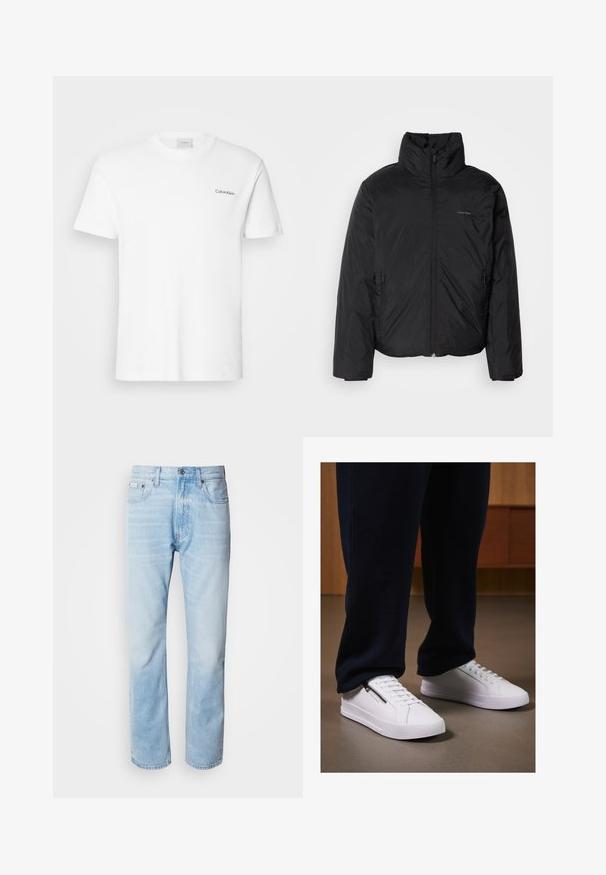 Sort dunjakke med høj krave, lynlåse foran og sidelommer. Glat, blank tekstur med et minimalistisk logo på brystet.; Hvid bomulds T-shirt med korte ærmer og rund halsudskæring. Har et lille sort "Calvin Klein" logo på venstre bryst.; Lyseblå denimjeans med lige ben, har slidte sektioner, fem lomme-design og en klassisk knapåbning.; Hvide sneakers med en glat læderfinish, flad sål og snørebåndsdesign. Lynlåsdetaillen på siden tilføjer funktionalitet. Sammen med mørke joggers.