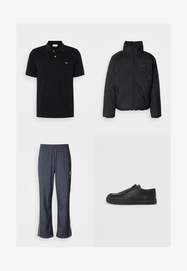 Chaqueta acolchada negra con cuello alto, cierre frontal y bolsillos laterales. Textura lisa y brillante con un logo minimalista en el pecho.; Camisa polo negra de algodón, con cuello clásico, tapeta de dos botones, mangas cortas y un pequeño logo bordado en el pecho.; Pantalones de chándal ligeros en azul marino con cintura elástica, bolsillos laterales y franjas blancas en los costados. Textura suave.; Zapato de piel negro tipo slip-on con punta redonda, detalles de costura y suela de goma negra. Textura suave con un diseño minimalista.