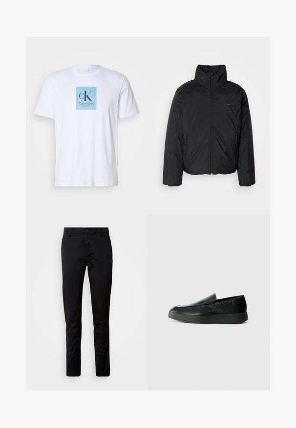 Black puffer jacket with a high collar, zipper front, and side pockets. Smooth, shiny texture with a minimal logo on the chest.; White short-sleeve T-shirt with a light blue square on the chest featuring "cK Calvin Klein New York" text logo.; Black trousers with a slim fit, made of smooth fabric. Features a waistband with a button closure and straight-cut legs.; Calvin Klein HYBRID CUP - Slip-ons - triple black