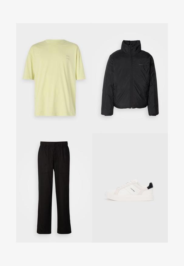 Fekete puffermellény magas gallérral, cipzáros elülső résszel és oldalsó zsebekkel. Simább, fényes textúra, minimális logóval a mellkason.; Fakó sárga pamut póló rövid ujjal, kerek nyakkivágással, és két kis "SAMSØE" logóval a bal felső részen.; Fekete, laza szabású nadrág, könnyű anyagból készült. Rugalmas derékkal, gombos záródással és két elülső zsebbel rendelkezik.; Fehér sportcipők világos rózsaszín és fekete részletekkel, sima bőrből és velúrból készült panelek, kerek orr és lapos gumitalp.