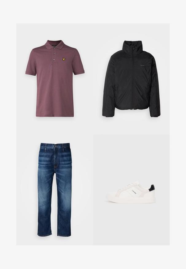 Svart pufferjakke med høy krage, glidelås foran og sidelommer. Glatt, blank tekstur med en minimal logo på brystet.; Lyle & Scott Poloskjorter - highland mauve; Mørkeblå straight-leg denimjeans med subtil falming på lårene og en knappelukking i midjen, vist på en hvit bakgrunn.; Hvite sneakers med lys rosa og svarte detaljer, med glatte lær- og semskede paneler, rund tå og flat gummisåle.