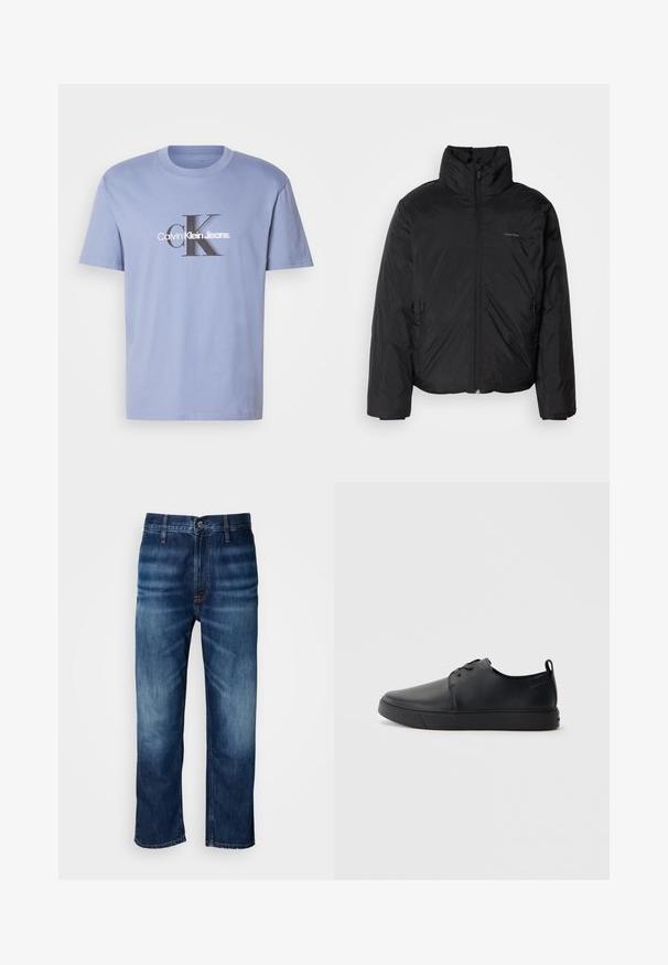 Melnā pūkainā jaka ar augstu apkakli, ar rāvējslēdzēju priekšpusē un sānu kabatām. Gluda, spīdīga tekstūra ar minimālu logotipu uz krūtīm.; Gaiši zils kokvilnas t-krekls ar centrālo grafiku melnbaltā krāsā, uz kuras ir raksts "Calvin Klein Jeans" ar treknajiem 'CK' iniciāļiem. Īsas piedurknes.; Tumši zilie taisnās kājas džinsi ar vieglu izbalēšanu uz augšstilbiem un pogu aizdari jostasvietā, attēloti uz baltā fona.; Melnas ādas kedas ar gludu apdari, noapaļota purngala, tonāla šuvēm, auklu fronti un plakanu gumijas zoli. Cilpa pie papēža.