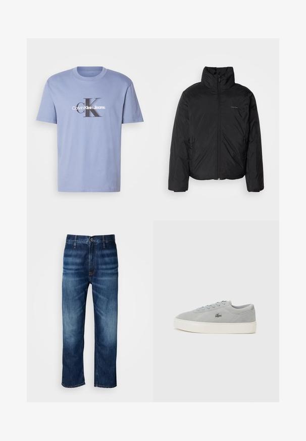 Svart pufferjakke med høy krage, glidelås foran og sidelommer. Glatt, blank tekstur med en minimal logo på brystet.; Lys blå bomulls t-skjorte med et sentralt grafisk trykk i svart og hvitt som leser "Calvin Klein Jeans" med fete "CK" initialer. Korte ermer.; Mørkeblå straight-leg denimjeans med subtil falming på lårene og en knappelukking i midjen, vist på en hvit bakgrunn.; Lacoste COURT - Joggesko - grey/off white