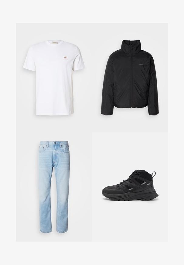 Črna puffer jakna z visokim ovratnikom, zadrgo spredaj in stranskimi žepi. Gladka, sijoča tekstura z minimalnim logotipom na prsih.; Bela bombažna majica s kratkimi rokavi, okroglim izrezom in majhnim izvezenim logotipom na prsih. Gladka tekstura, osnovna zasnova.; Svijetloplave traperice s ravnim nogavicama, s izblijedjelim dijelovima, pet džepova i klasičnim dugmadi za kopčanje.; Črne pohodne čevlje z večplastno zasnovo, teksturirano tkanino in gumijastim podplatom, z ojačanimi deli in vezalkami spredaj.