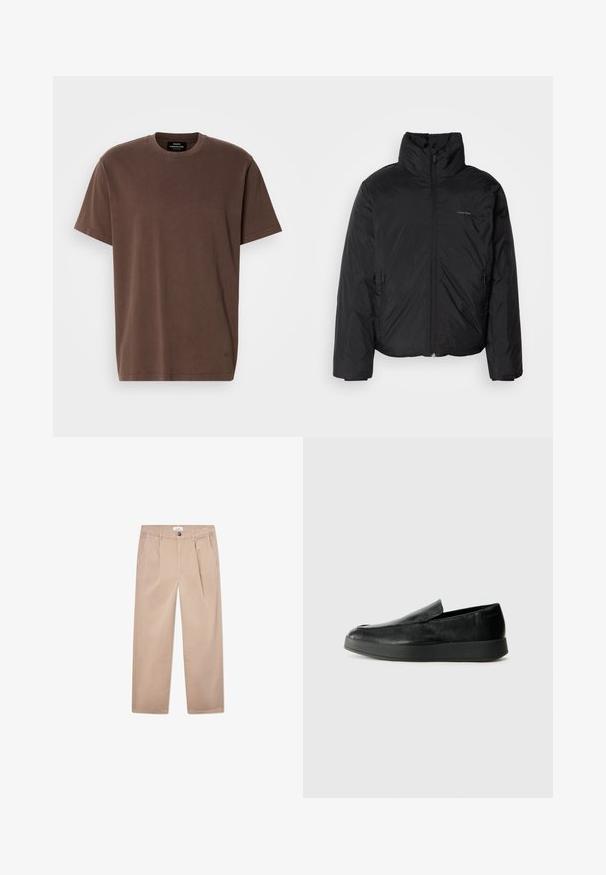 Chaqueta acolchada negra con cuello alto, cierre frontal y bolsillos laterales. Textura lisa y brillante con un logo minimalista en el pecho.; Camiseta de manga corta color marrón con cuello redondo, con un pequeño logo cerca del dobladillo y etiqueta de la marca en el interior del cuello, presentada sobre fondo blanco.; Pantalones caqui de algodón con un diseño de pierna recta, que cuentan con dos bolsillos delanteros, un cierre de botón y un corte clásico.; Calvin Klein HYBRID CUP - Zapatos sin cordones - triple black