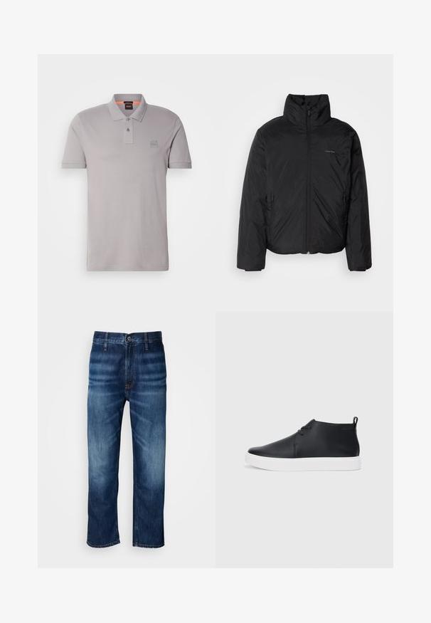 Juoda pūkinė striukė su aukštu apykakle, užtrauktuku priekyje ir šoninėmis kišenėmis. Lygus, blizgus paviršius su minimaliu logotipu ant krūtinės.; Pilkas polo marškinėliai pagaminti iš medvilnės, su klasikiniu apykakle, dviem mygtukais priekyje, trumpomis rankovėmis ir subtiliu logotipo pleistru ant krūtinės.; Tamsiai mėlynos tiesios kojų džinsai su subtiliu išblukimu ant šlaunų ir užsegimu prie juosmens, pateikti ant baltos fono.; Juodi odiniai aukšti sportbačiai su lygia apdaila, balta guma padu ir paprastu raištelių dizainu. Gale yra įtempimo juostelė.