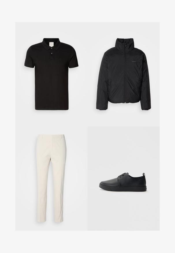 Čierna bundy s kapucňou, s vysokým golierom, so zipsom vpredu a bočnými vreckami. Hladká, lesklá textúra s minimálnym logom na hrudi.; Čierna polo košeľa vyrobená z hladkej tkaniny s klasickým golierom. Obsahuje dve gombíky pri krku, krátke rukávy a diskrétne logo na hrudníku.; Béžové nohavice s prispôsobeným strihom a textúrovanou tkaninou. Majú rovný strih, pútka na opasok a dve predné vrecká. Bez vzorov.; Čierne kožené tenisky s hladkým povrchom, zaoblenou špičkou, tonálnym šitím, šnurovaním vpredu a plochou gumovou podrážkou. Obojok na päte.
