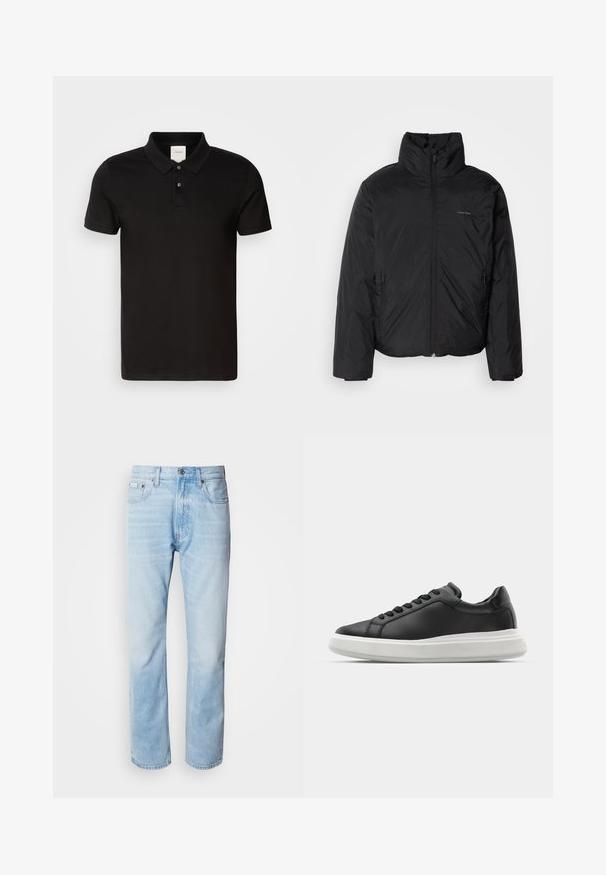 Černá péřová bunda s vysokým límcem, zipovým uzávěrem vpředu a bočními kapsami. Hladká, lesklá textura s minimálním logem na hrudi.; Černé polo tričko vyrobené z hladké látky s klasickým límečkem. Má dva knoflíky u krku, krátké rukávy a decentní logo na hrudi.; Světle modré džíny s rovnou nohavicí, s vybledlými částmi, pěti kapsami a klasickým zapínáním na knoflík.; Černé kožené tenisky s hladkým povrchem, bílou gumovou podrážkou, zaobleným tvarem, šesti očky na tkaničky a nenápadným brandingem na patě.