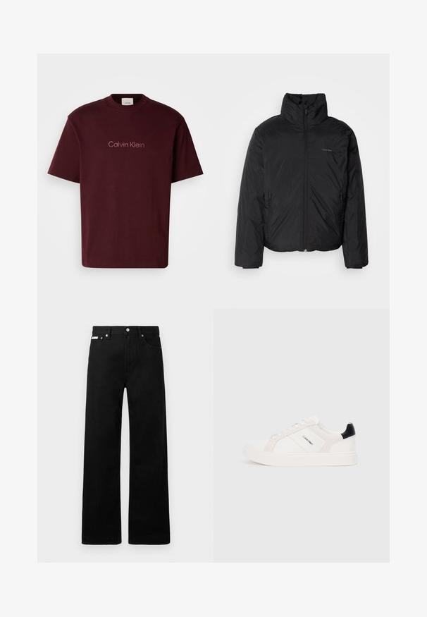 Casaco puffer preto com colarinho alto, fecho de correr na frente e bolsos laterais. Textura suave e brilhante com um logótipo minimalista no peito.; T-shirt de algodão bordô com um decote redondo, mangas curtas e um discreto logotipo da Calvin Klein em rosa claro no centro. Textura suave.; Calças de ganga pretas com um design de pernas largas, apresentando cinco bolsos e fechos metálicos. Textura suave, sem padrões visíveis.; Sapatilhas brancas com detalhes em rosa claro e preto, apresentando painéis de couro liso e camurça, biqueira redonda e sola de borracha plana.