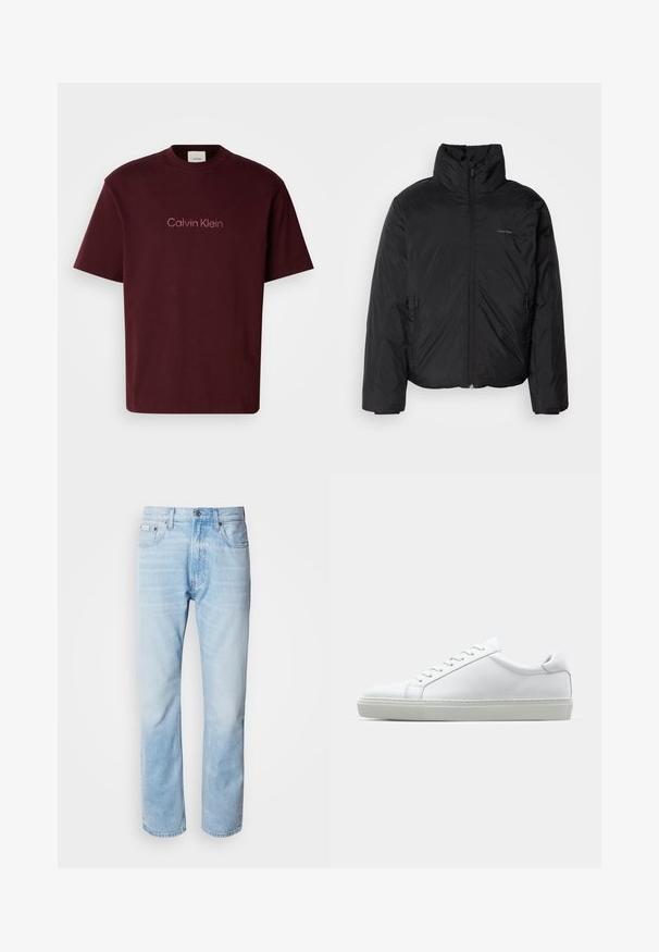 Chaqueta acolchada negra con cuello alto, cierre frontal y bolsillos laterales. Textura lisa y brillante con un logo minimalista en el pecho.; Camiseta de algodón burdeos con cuello redondo, manga corta y sutil logo de Calvin Klein en rosa claro en el centro. Textura suave.; Vaqueros de mezclilla azul claro con corte recto, con secciones desgastadas, diseño de cinco bolsillos y cierre de botones clásico.; Zapatilla blanca con parte superior de cuero liso y perfil bajo. Presenta una puntera redondeada, seis ojales y una suela de goma texturizada.