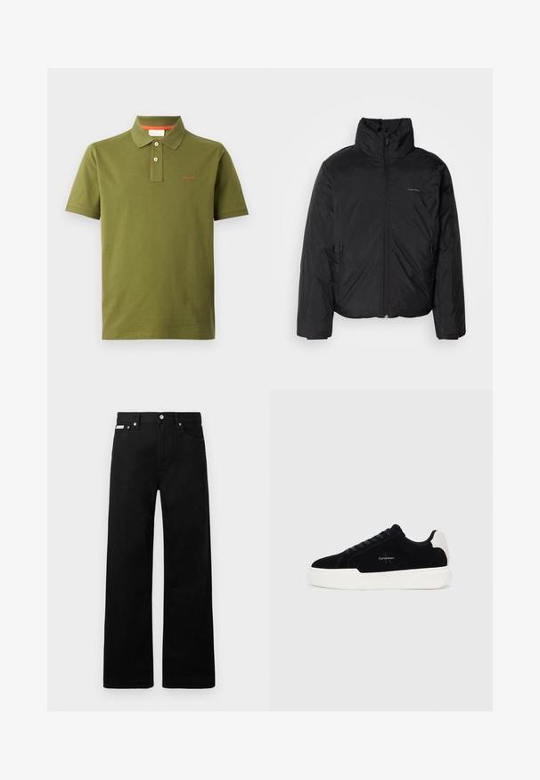 Zwarte pufferjack met een hoge kraag, rits aan de voorkant en zijzakken. Gladde, glanzende textuur met een minimalistisch logo op de borst.; Olivengroene polo shirt van katoen, voorzien van een knoopsluiting met drie knopen, korte mouwen en een geborduurd rood logo op de borst.; Zwarte spijkerbroek met een wijd uitlopende pasvorm, voorzien van vijf zakken en metallic knopen. Gladde textuur, geen zichtbare patronen.; Zwarte lage sneaker met witte zool en hielstrip, vetersluiting aan de voorkant en Calvin Klein-logo op de zijkant.