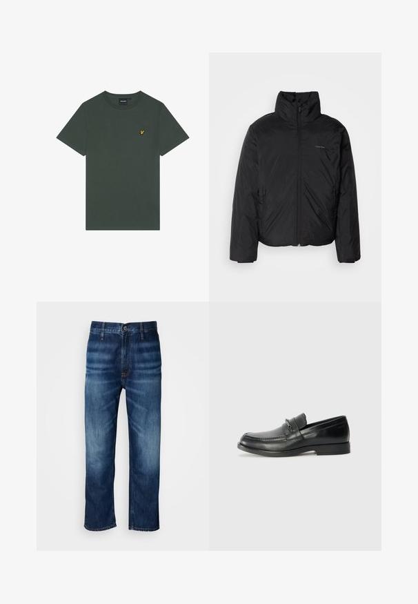Juoda pūkinė striukė su aukštu apykakle, užtrauktuku priekyje ir šoninėmis kišenėmis. Lygus, blizgus paviršius su minimaliu logotipu ant krūtinės.; Tamsiai žalia medvilninė marškinėliai su apvalia iškirpte ir trumpomis rankovėmis. Kairėje krūtinės pusėje yra mažas geltonos spalvos siuvinėtas logotipas.; Tamsiai mėlynos tiesios kojų džinsai su subtiliu išblukimu ant šlaunų ir užsegimu prie juosmens, pateikti ant baltos fono.; Juodos odinės loaferių batų su apvaliomis padų, pasižyminčių siuvinėtu dizainu, maža priekinė juostele su metaliniais akcentais ir plokščiu guminiu padu.