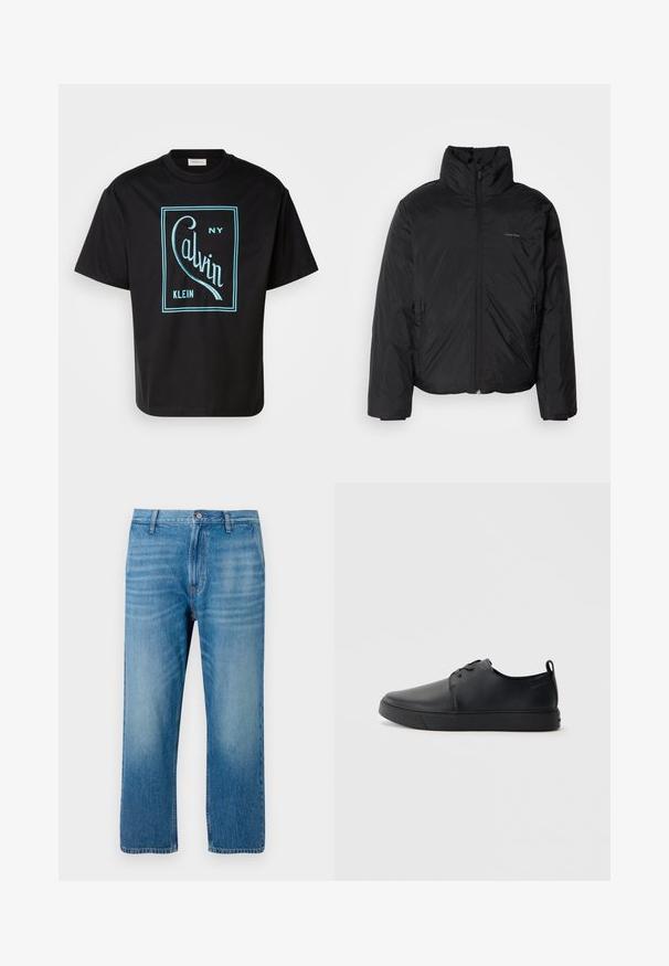 Svart pufferjakke med høy krage, glidelås foran og sidelommer. Glatt, blank tekstur med en minimal logo på brystet.; Svart bomull t-skjorte med en dristig turkises grafisk design som leser "Calvin Klein NY" innenfor en rektangulær ramme. Korte ermer.; Lyseblå denimjeans med rett passform, fem lommer, knappelukking og subtil falming foran. Ingen synlige mønstre.; Svart lær sneakers med glatt overflate, rund tå, tonede sømmer, snøring foran og flat gummisåle. Løkke på hælen.