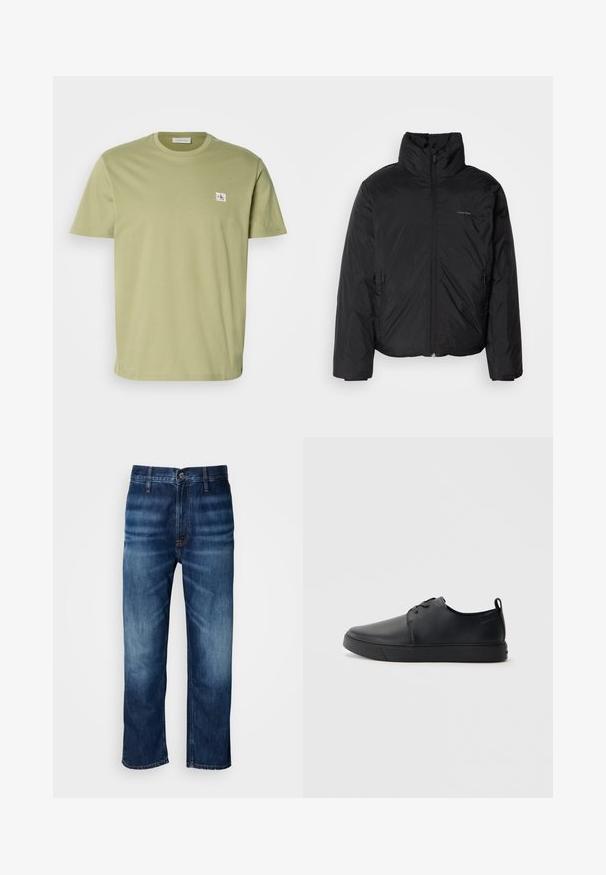 Melnā pūkainā jaka ar augstu apkakli, ar rāvējslēdzēju priekšpusē un sānu kabatām. Gluda, spīdīga tekstūra ar minimālu logotipu uz krūtīm.; Olīvu zaļas krāsas īsām piedurknēm T-krekls, izgatavots no gludas kokvilnas. Uz kreisās krūts zonas ir neliels taisnstūrveida logo. Klasiska apaļa kakla dizains.; Tumši zilie taisnās kājas džinsi ar vieglu izbalēšanu uz augšstilbiem un pogu aizdari jostasvietā, attēloti uz baltā fona.; Melnas ādas kedas ar gludu apdari, noapaļota purngala, tonāla šuvēm, auklu fronti un plakanu gumijas zoli. Cilpa pie papēža.