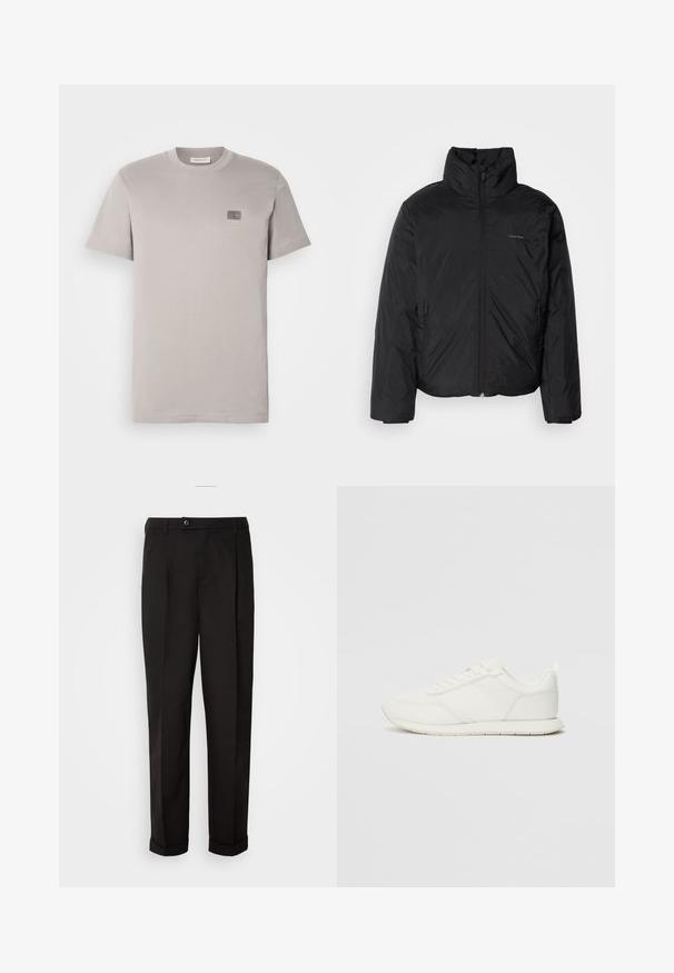 Černá péřová bunda s vysokým límcem, zipovým uzávěrem vpředu a bočními kapsami. Hladká, lesklá textura s minimálním logem na hrudi.; Šedé bavlněné tričko s kulatým výstřihem, krátkými rukávy a malou značkovou nášivkou na hrudi. Měkká textura, standardní střih.; Černé kalhoty s hladkou texturou, rázovaného střihu, dvěma předními kapsami a jedním knoflíkovým zapínáním v pase.; Bílé tenisky s vrchní částí z síťoviny a syntetického materiálu, kulatou špičkou, plochými tkaničkami a texturovaným bočním pruhem. Gumová podrážka s poutkem vzadu.