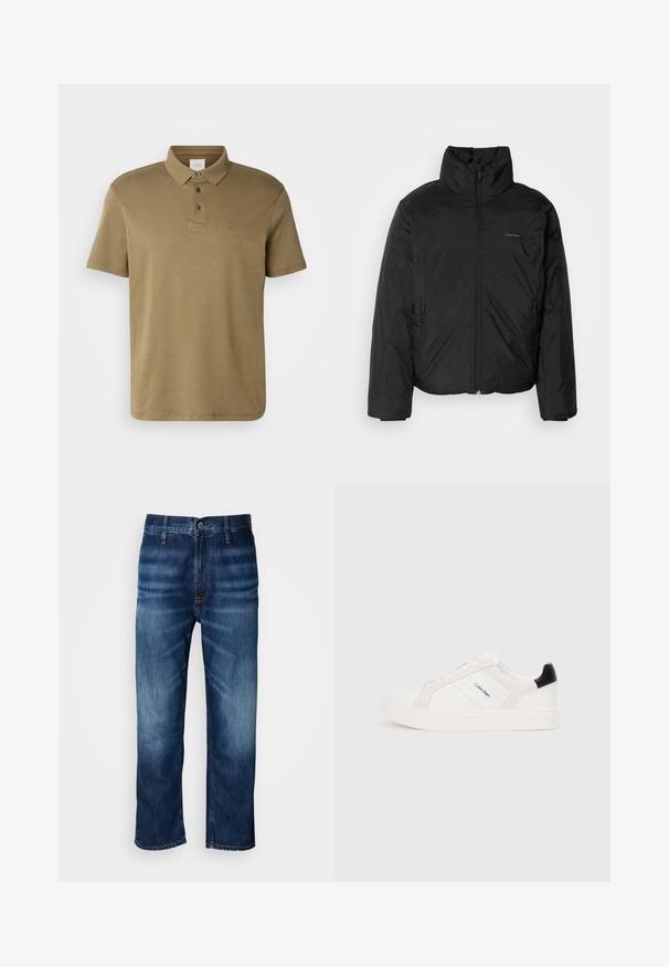 Must musträkk, millel on kõrge krae, lukuga ees ja küljetaskud. Sile, läikiv tekstuur ja minimaalne logo rinnal.; Olive roheline polo-särk pehmest kangast, millel on klassikaline krae, kolm nuppu ja rindkerel väikeste tikanditega logo.; Tumedat sinised sirged jalad denim teksad, millel on reitel kerge pleekimine ja nööp kinnitusega taljes, esitatud valgel taustal.; Valge tossud heleda roosa ja musta aktsendiga, mis sisaldavad sileda naha ja nubukpaneele, ümarat varvust ja lamedat kummitalda.