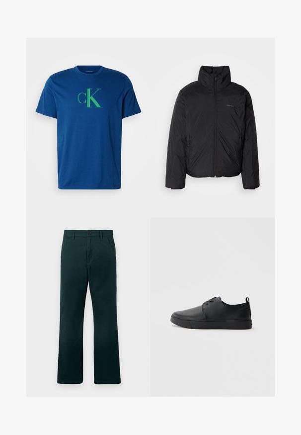 Črna puffer jakna z visokim ovratnikom, zadrgo spredaj in stranskimi žepi. Gladka, sijoča tekstura z minimalnim logotipom na prsih.; Modra bombažna majica s zelenim logotipom "cK". Okrogla ovratnika, kratke rokave, redna kroja z gladko teksturo in brez vidnih vzorcev.; Temnozeleni hlače ravnega kroja z zankami za pas, stranskimi žepi in gumbom za zapiranje na enobarvni beli podlagi.; Črne usnjene športne čevlje z gladko površino, okroglo oblikovano nosilo, toniranim šivanjem, vezanjem spredaj in ravnim gumijastim podplatom. Zanko na peti.