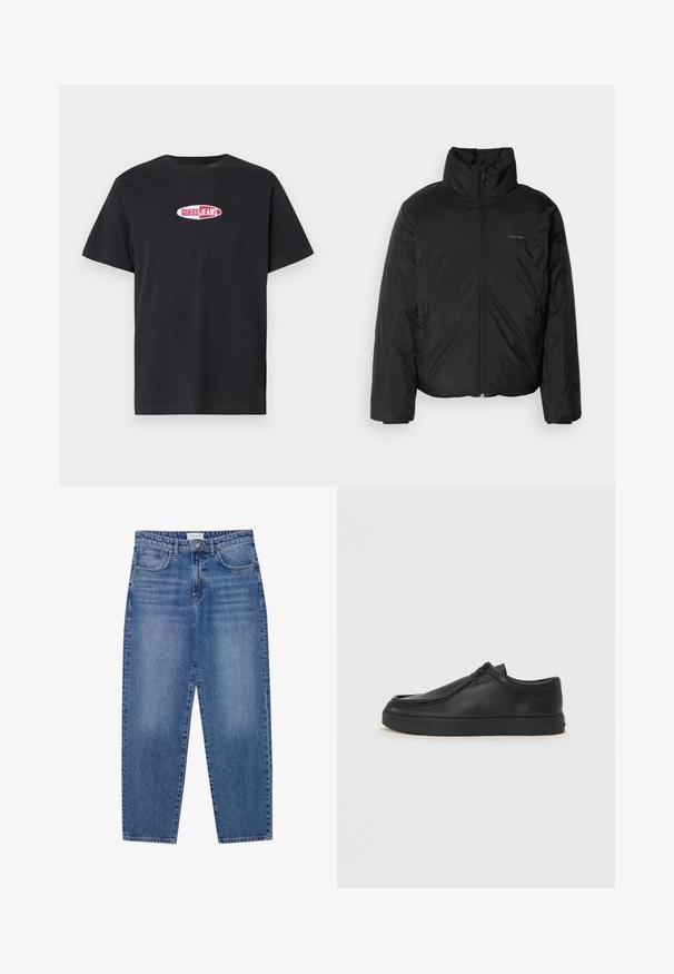 Svart puffjacka med hög krage, dragkedja framtill och sidofickor. Slät, glänsande textur med en minimal logotyp på bröstet.; Svart bomullst-shirt med korta ärmar, med en vit oval logotyp där det står "GUESS JEANS" i röda bokstäver över bröstet.; Blå denimjeans med hög midja, rak benform och blekt utseende. Har fem fickor och knappstängning.; Svart lädersko med rundad tå, med sömmande detaljer och svart gummisula. Slät textur med minimalistisk design.