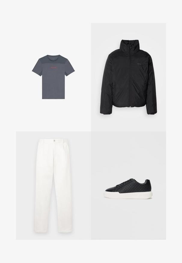 Sort dunjakke med høj krave, lynlåse foran og sidelommer. Glat, blank tekstur med et minimalistisk logo på brystet.; Grå atletisk T-shirt med meshtilskud, rund halsudskæring, korte ærmer og en kontrastfarvet rød "Calvin Klein" logo på brystet.; Hvide bukser lavet af glat stof, med en lige ben design, forpleater og en enkelt knap lukning i taljen.; Sort sneakers med geometrisk tekstur på siden, glat tåhætte og en hvid gummisål. Har runde snørebånd og et lavtop-design.