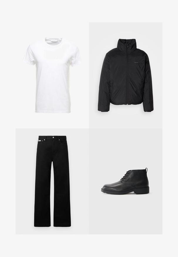 Črna puffer jakna z visokim ovratnikom, zadrgo spredaj in stranskimi žepi. Gladka, sijoča tekstura z minimalnim logotipom na prsih.; Bela bombažna majica s kratkimi rokavi, zasnova z okroglim izrezom in gladka tekstura. Oznaka vidna na vratu. Preprost in klasičen slog.; Črne jeans hlače širokega kroja, z petimi žepi in kovinskimi gumbi. Gladka tekstura, brez vidnih vzorcev.; Črne usnjene čevlje s teksturirano površino, okroglo toe, vezalni sprednji del in trden gumijast podplat. Imajo majhen trak na hrbtni strani.