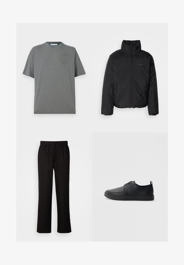 Černá péřová bunda s vysokým límcem, zipovým uzávěrem vpředu a bočními kapsami. Hladká, lesklá textura s minimálním logem na hrudi.; Šedé bavlněné tričko s kulatým výstřihem, krátkými rukávy a malým, nenápadným logem na přední straně. Jednoduchý design s uvolněným střihem.; Černé kalhoty s uvolněným střihem, vyrobené z lehké tkaniny. Mají elastický pas, knoflíkový uzávěr a dvě přední kapsy.; Černé kožené tenisky s hladkým povrchem, zaoblenou špičkou, tónovým prošíváním, šněrovacím uzávěrem a plochou gumovou podrážkou. Očko na patě.