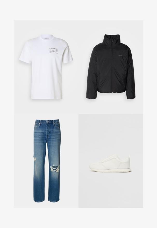 Černá péřová bunda s vysokým límcem, zipovým uzávěrem vpředu a bočními kapsami. Hladká, lesklá textura s minimálním logem na hrudi.; Bílá bavlněná tričko s krátkými rukávy, kulatým výstřihem a potištěným textem: "Calvin Klein 205 WEST 39TH STREET NEW YORK CITY 10018."; Svetle modré džíny z denimu s vysokým pasem, rovnými nohavicemi a obtížnými roztrženinami na obou kolenou. Obsahují klasický design s pěti kapsami a zapínání na knoflík.; Bílé tenisky s vrchní částí z síťoviny a syntetického materiálu, kulatou špičkou, plochými tkaničkami a texturovaným bočním pruhem. Gumová podrážka s poutkem vzadu.