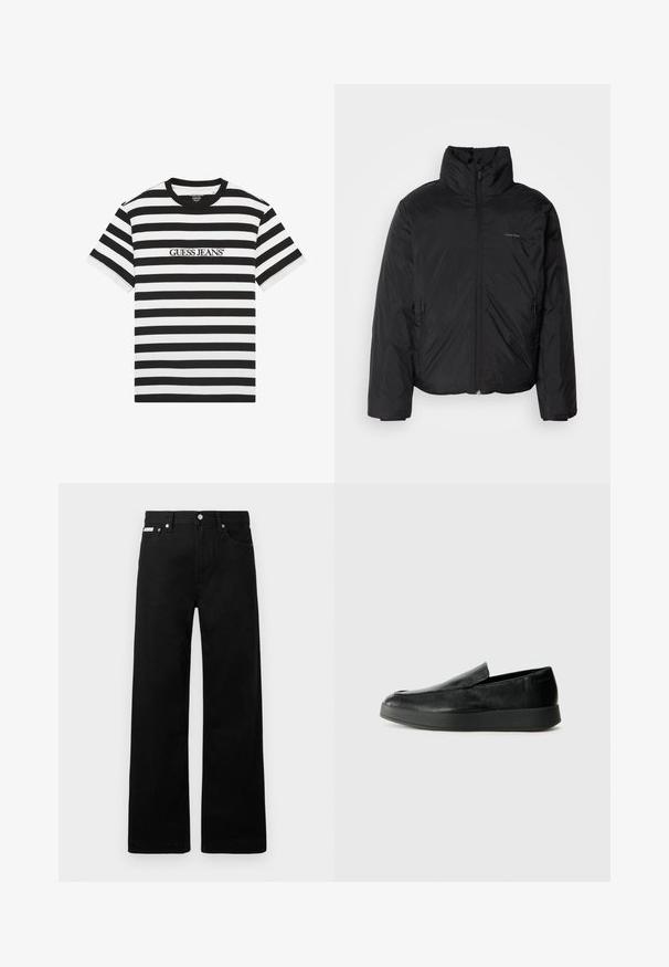 Must musträkk, millel on kõrge krae, lukuga ees ja küljetaskud. Sile, läikiv tekstuur ja minimaalne logo rinnal.; Mustvalge triibuline t-särk, mis on valmistatud puuvillast, laeva kaelusega ja esiküljel on bordüüritud "GUESS JEANS" logo.; Mustadest denimist püksid laiade jalgadega, viie tasku ja metallist nööpidega. Sile tekstuur, nähtavad mustrid puuduvad.; Calvin Klein HYBRID CUP - Jalga libistatavad jalanõud - triple black