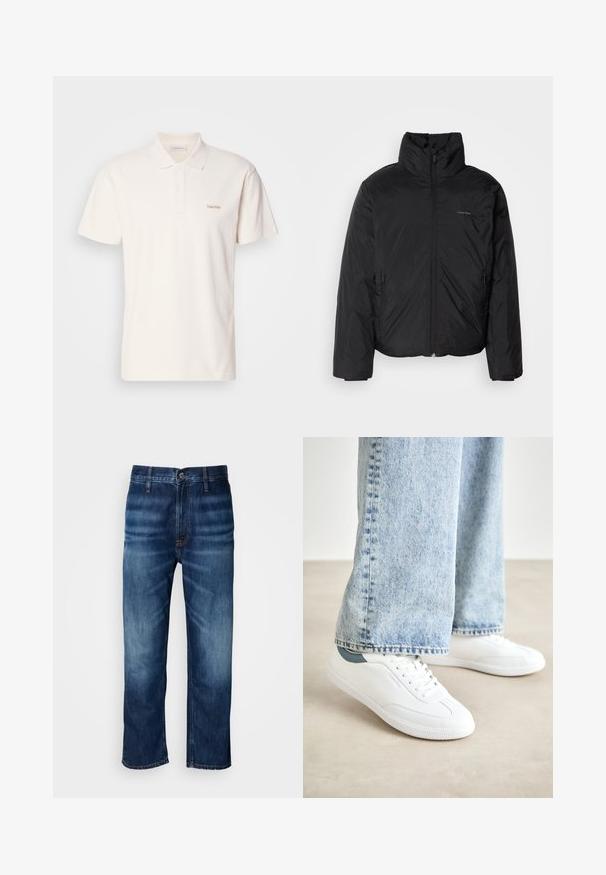 Must musträkk, millel on kõrge krae, lukuga ees ja küljetaskud. Sile, läikiv tekstuur ja minimaalne logo rinnal.; Lühikeste varrukatega, heledast koorevärvist polo-särk sujuvast puuvillasegist. Omab kraed, kolme nupuga avamist ja rinnal tikandiga logo.; Tumedat sinised sirged jalad denim teksad, millel on reitel kerge pleekimine ja nööp kinnitusega taljes, esitatud valgel taustal.; Valged spordijalatsid sileda materjaliga, nööridega mudel, tekstuurne kummitald ja türkiissinine aksent kandadel, koos heledate siniste teksadega.