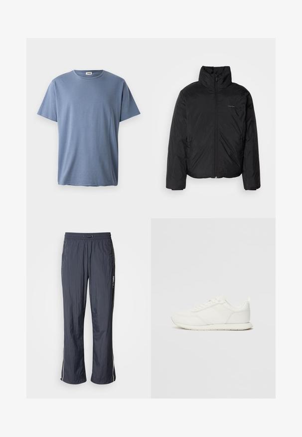 Černá péřová bunda s vysokým límcem, zipovým uzávěrem vpředu a bočními kapsami. Hladká, lesklá textura s minimálním logem na hrudi.; Modré bavlněné tričko s krátkými rukávy, kulatým výstřihem a uvolněným střihem. Hladká textura, žádné viditelné vzory ani akcenty.; Námořnické modré lehké tréningové kalhoty s elastickým pasem, bočními kapsami a bílými ozdobnými pruhy po stranách. Hladká textura.; Bílé tenisky s vrchní částí z síťoviny a syntetického materiálu, kulatou špičkou, plochými tkaničkami a texturovaným bočním pruhem. Gumová podrážka s poutkem vzadu.