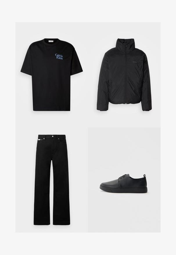 Crna puf jakna s visokim ovratnikom, patentnim zatvaračem sprijeda i bočnim džepovima. Glatka, sjajna tekstura s minimalnim logotipom na prsima.; Crna pamučna majica s opuštenim krojem, kratkim rukavima i plavim izvezenim logotipom "Calvin Klein" na prsima.; Crne traperice širokog kroja, s pet džepova i metalnim dugmadi. Glatka tekstura, bez vidljivih uzoraka.; Crne kožne tenisice s glatkom površinom, zaobljenim vrhom, tonom prošivanja, vezanjem sprijeda i ravnim gumenim potplatom. Oko pete se nalazi učka.