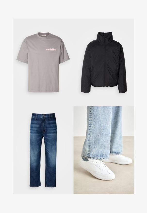 Svart pufferjakke med høy krage, glidelås foran og sidelommer. Glatt, blank tekstur med en minimal logo på brystet.; Grå bomulls t-skjorte med korte ermer og rund hals. En rosa "Calvin Klein" logo er trykket på venstre bryst.; Mørkeblå straight-leg denimjeans med subtil falming på lårene og en knappelukking i midjen, vist på en hvit bakgrunn.; Hvite sneakers med glatt materiale, snøring, teksturert gummisåle, og en teal akcent ved hælen, kombinert med lyseblå jeans.