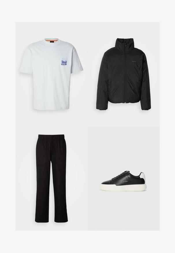 Svart pufferjakke med høy krage, glidelås foran og sidelommer. Glatt, blank tekstur med en minimal logo på brystet.; Hvit t-skjorte med kort erme i bomull, med et lite blått grafisk lommeprint med fjelldesign og merkevarenavnet "BOSS."; Svart bukser med avslappet passform, laget av lett stoff. Har elastisk midjebånd, knapplukking og to frontlommer.; Svart lær sneakers med hvit gummisåle. Har rund tå, snøring og logo detalj på siden. Bakakcent i hvitt.